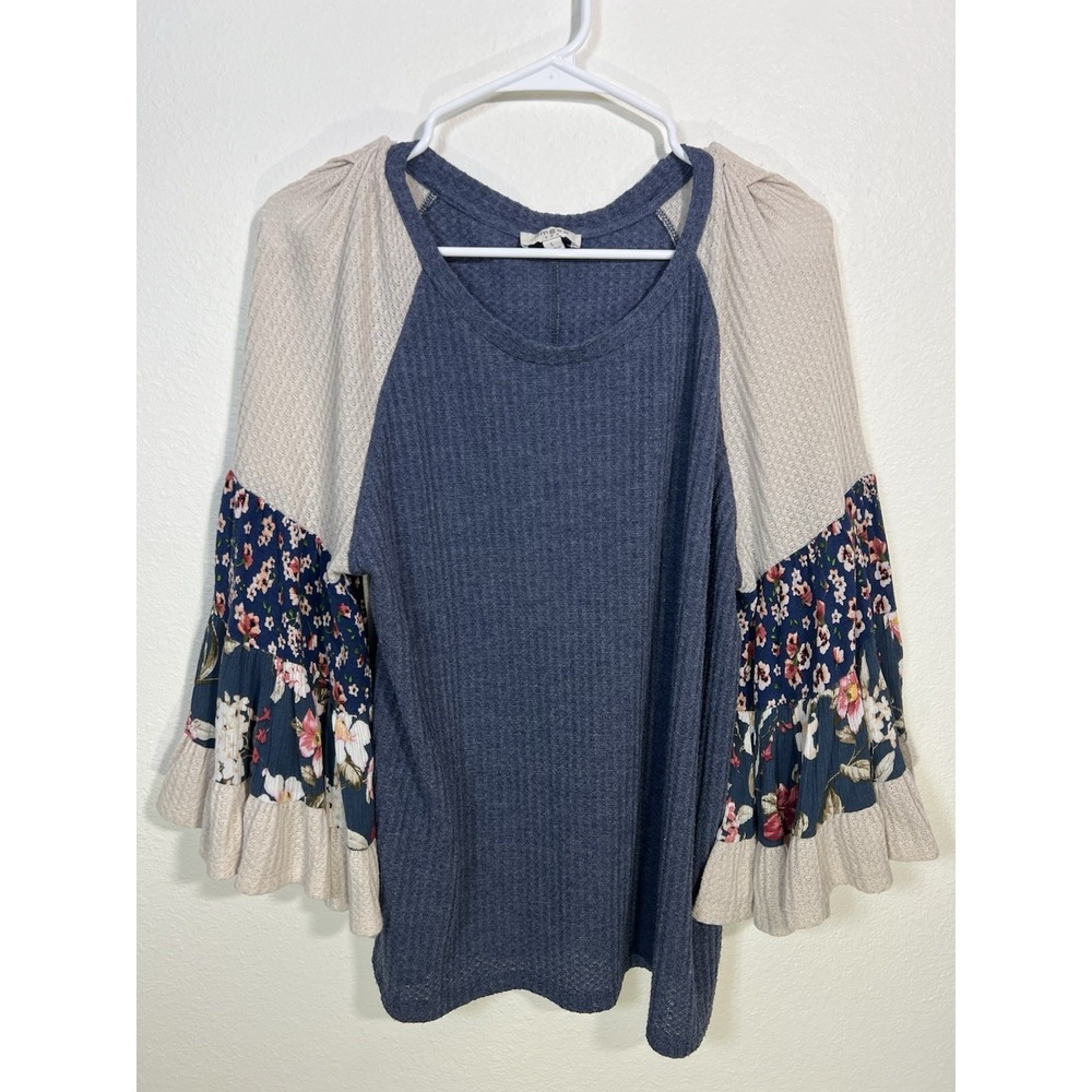 Umgee Boho Mixed Print Thermal Knit Top Large Oversized Balloon Sleeve Cottage